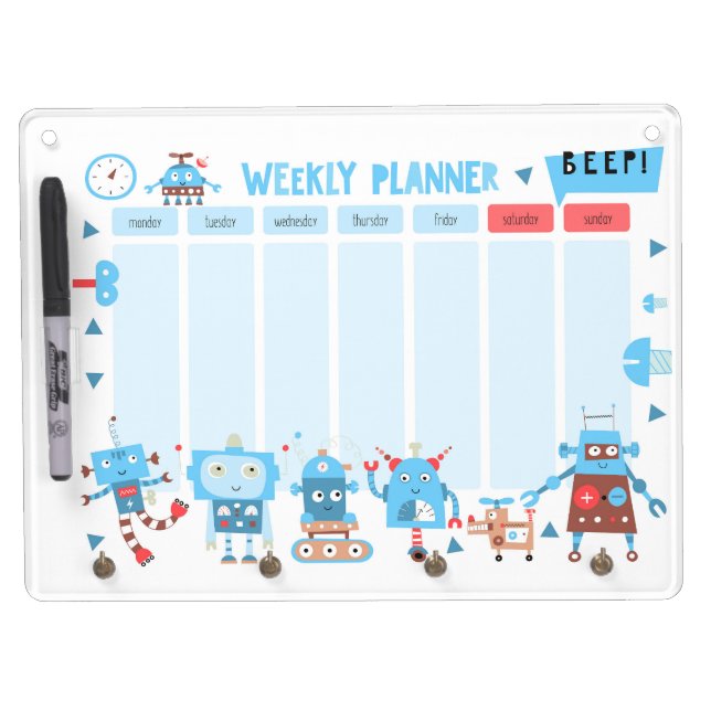 Cute Robots Weekly Planner Dry Erase Board (Front)