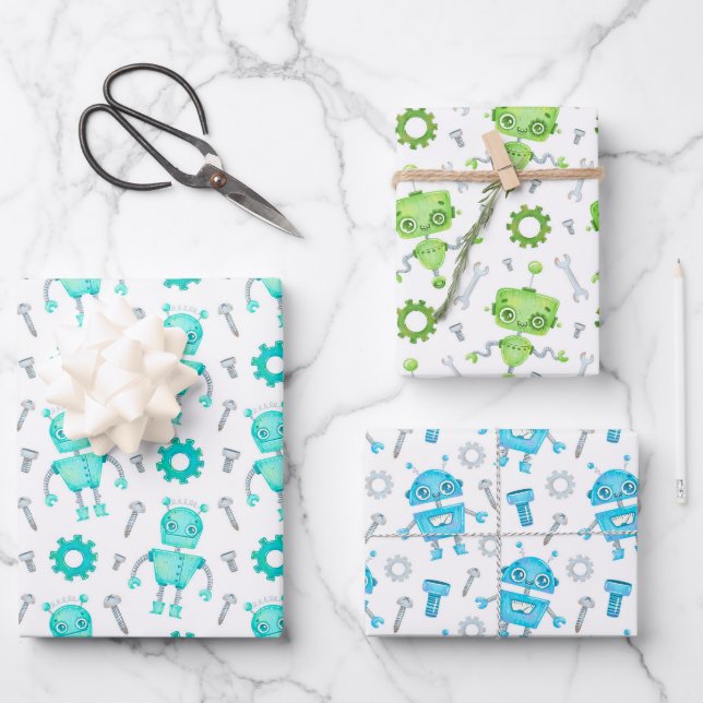 Cute Robots Wrapping Paper Set of 3 (Front)