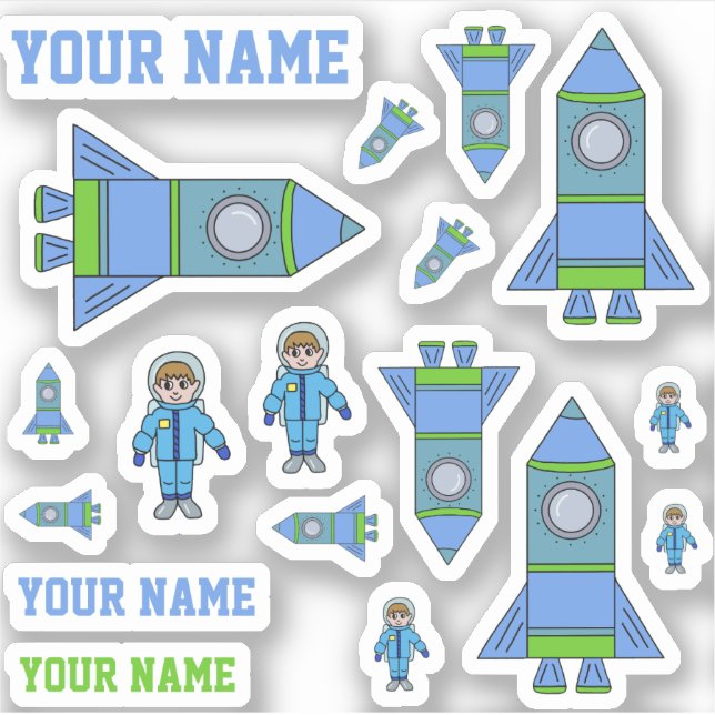 Cute Rocket Astronaut Blue Green Drawing Kids Stic Sticker (Front)