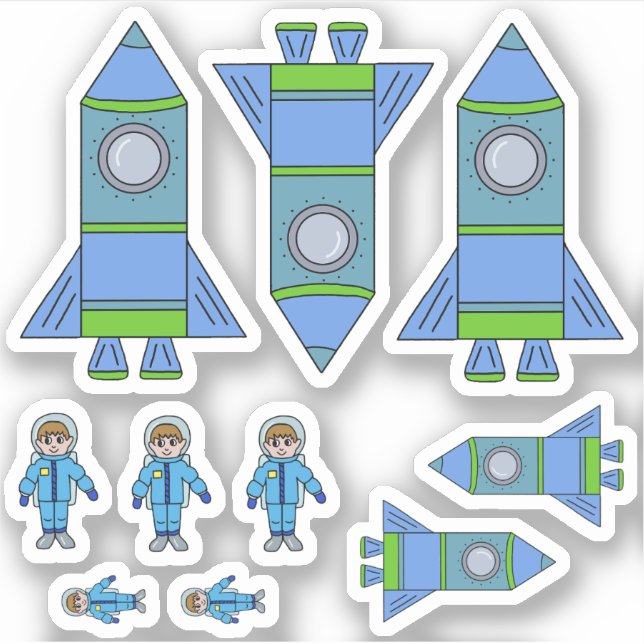 Cute Rocket Astronaut Blue Green Drawing Kids  Sticker (Front)