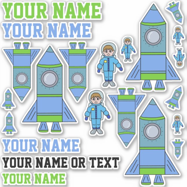 Cute Rocket Astronaut Blue Green Drawing Kids Sticker (Front)
