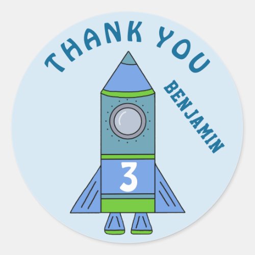 Cute Rocket Blue Kids Boy Birthday Thank you Classic Round Sticker - Cute Rocket Blue Kids Boy Birthday Thank you Classic Round Sticker. Cute simple rocket with an age number. Personalize it with your name and age. Perfect as birthday thank you sticker for a boy.