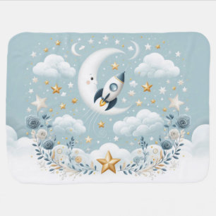 Cute rocket, flowers, stars, clouds and moons baby blanket
