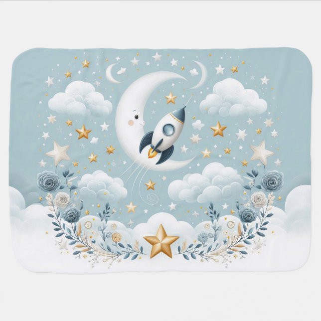 Cute rocket, flowers, stars, clouds and moons baby blanket (Horizontal)