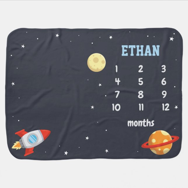 Cute Rocket In Space Baby Monthly Milestone Blanket (Horizontal)
