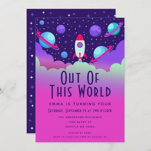 Cute Rocket Outer Space Kids Birthday Invitation