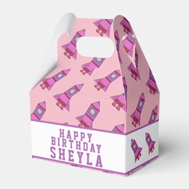 Cute Rocket Pink Girl Birthday Favor Boxes (Front Side)