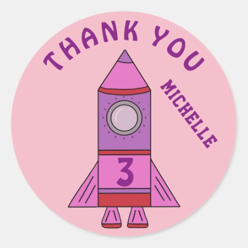 Cute Rocket Pink Kids Girl Birthday Thank you Classic Round Sticker - Cute Rocket Pink Kids Girl Birthday Thank you Classic Round Sticker. Cute and simple pink rocket with an age number and name - personalize with your age and name. Perfect as birthday thank you sticker for a girl.