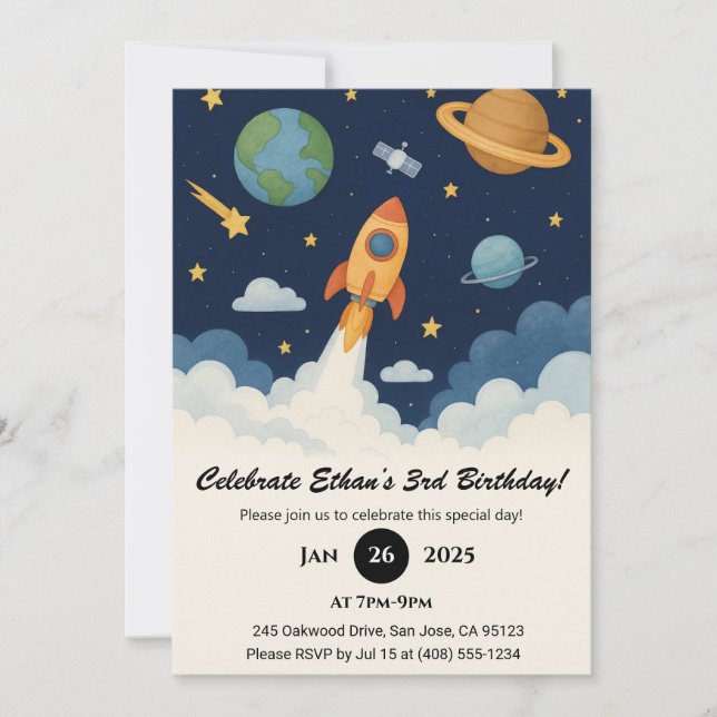 Cute Rocket & Planet Space Art Birthday  Invitation (Front)