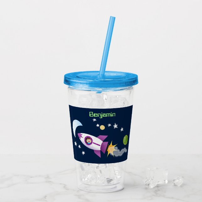 Cute rocket ship in space cartoon illustration acrylic tumbler (Back Ice)