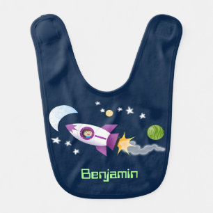 Cute rocket ship in space cartoon illustration baby bib