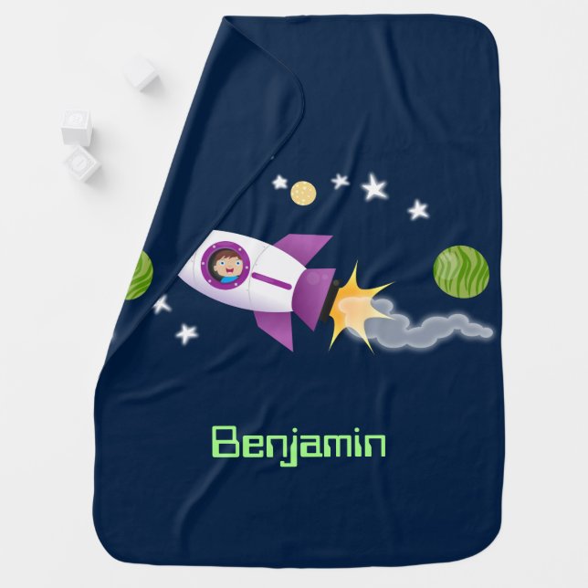 Cute rocket ship in space cartoon illustration baby blanket (In Situ)