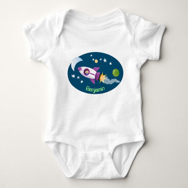 Cute rocket ship in space cartoon illustration baby bodysuit (Front)