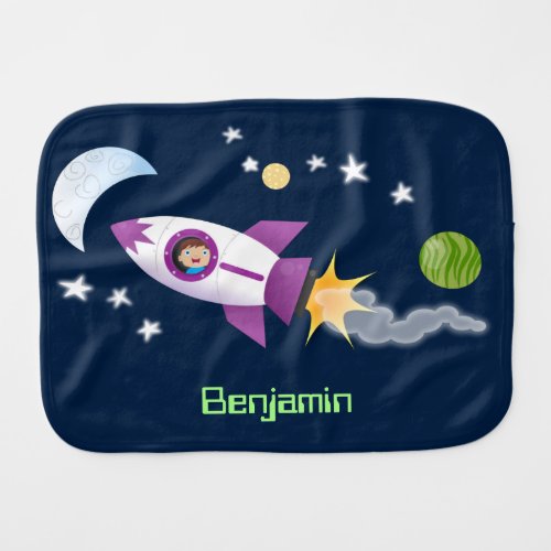 Cute rocket ship in space cartoon illustration baby burp cloth