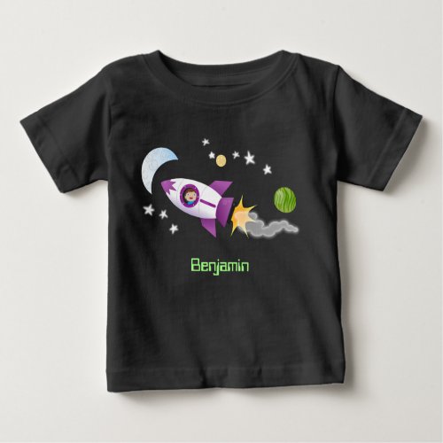 Cute rocket ship in space cartoon illustration baby T_Shirt