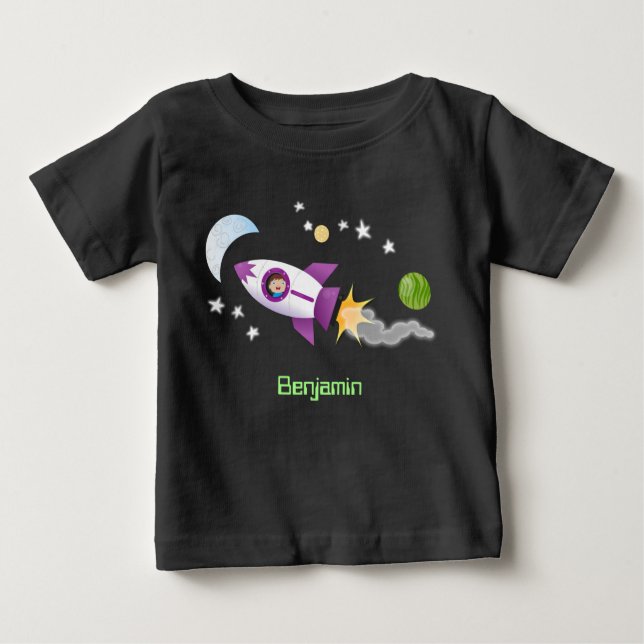 Cute rocket ship in space cartoon illustration baby T-Shirt (Front)