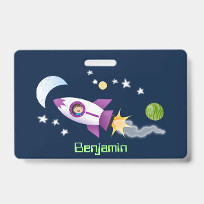Cute rocket ship in space cartoon illustration badge