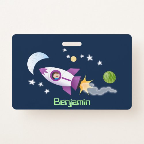 Cute rocket ship in space cartoon illustration badge