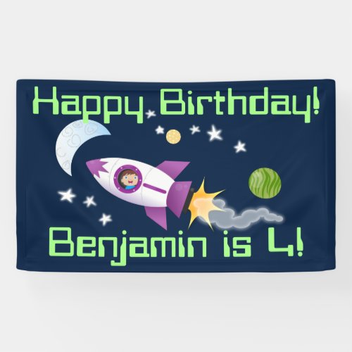 Cute rocket ship in space cartoon illustration banner