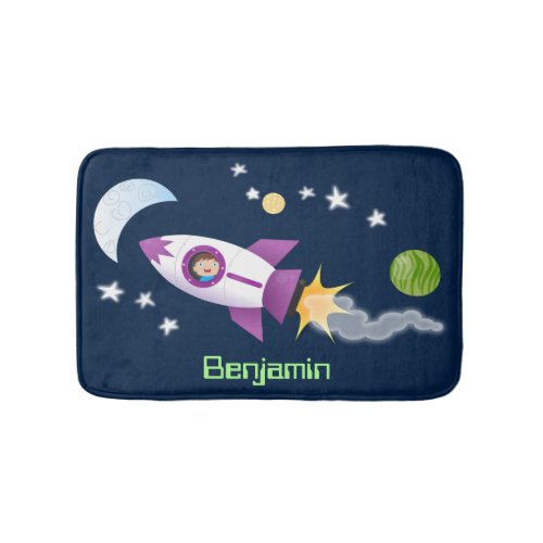 Cute rocket ship in space cartoon illustration bath mat