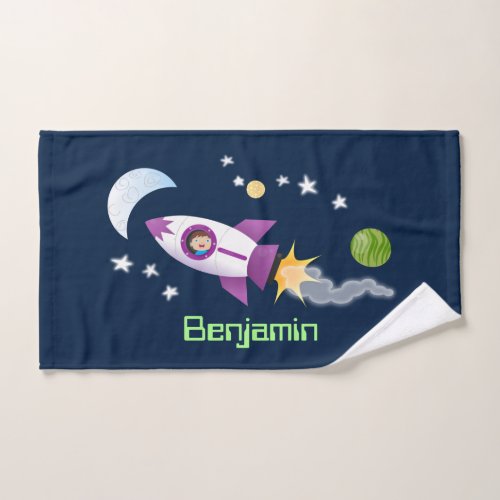 Cute rocket ship in space cartoon illustration bath towel set
