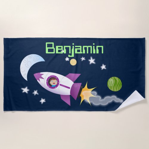 Cute rocket ship in space cartoon illustration beach towel