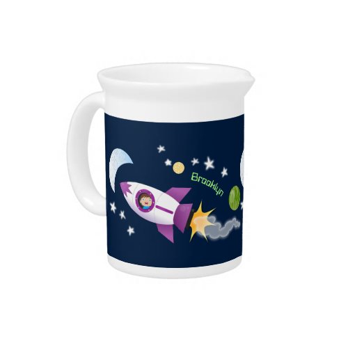 Cute rocket ship in space cartoon illustration beverage pitcher