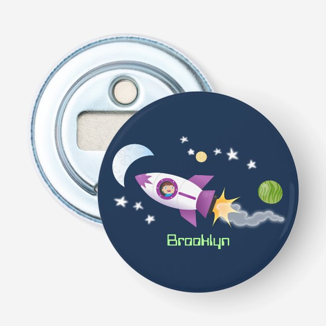 Cute rocket ship in space cartoon illustration bottle opener (Front)