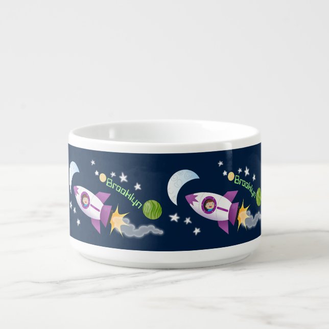 Cute rocket ship in space cartoon illustration bowl (Center)