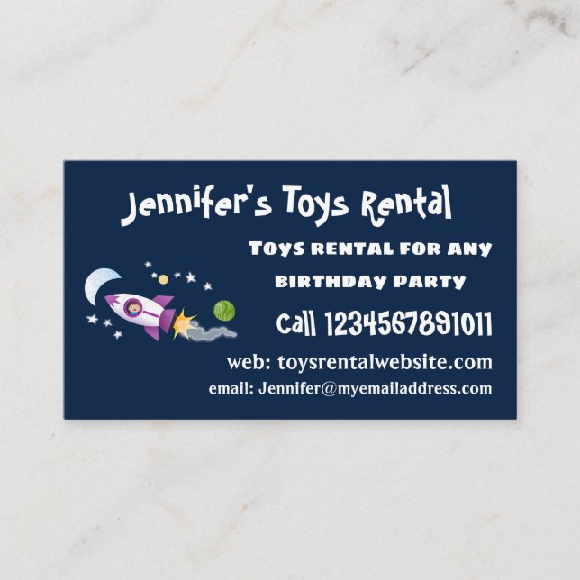 Cute rocket ship in space cartoon illustration business card (Front)