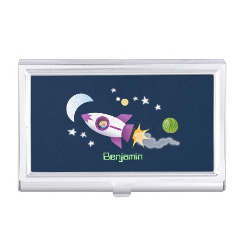 Cute rocket ship in space cartoon illustration business card case