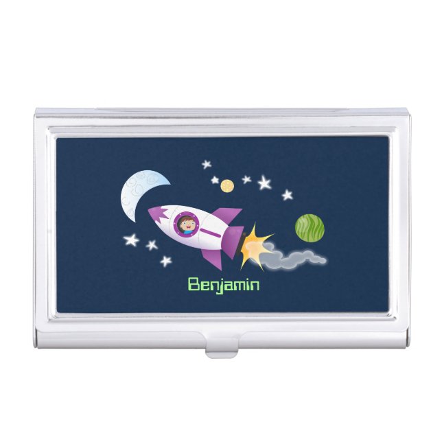 Cute rocket ship in space cartoon illustration business card case (Front)