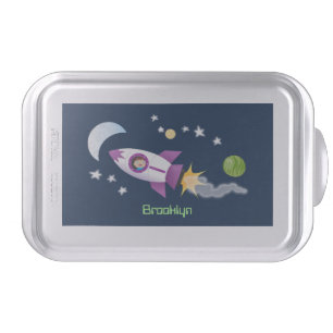 Cute rocket ship in space cartoon illustration cake pan
