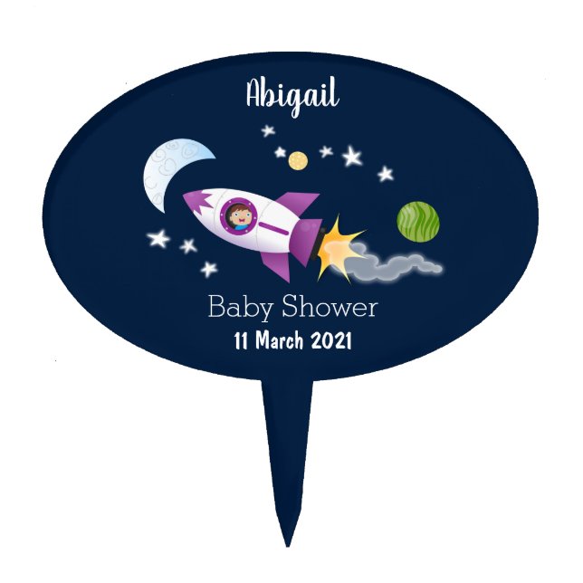 Cute rocket ship in space cartoon illustration cake topper (Front)