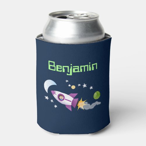 Cute rocket ship in space cartoon illustration can cooler