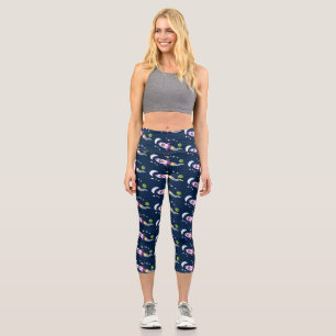 Cute rocket ship in space cartoon illustration capri leggings