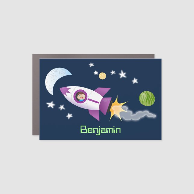 Cute rocket ship in space cartoon illustration car magnet (Front)