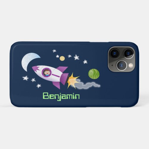 Cute rocket ship in space cartoon illustration iPhone 11 pro case