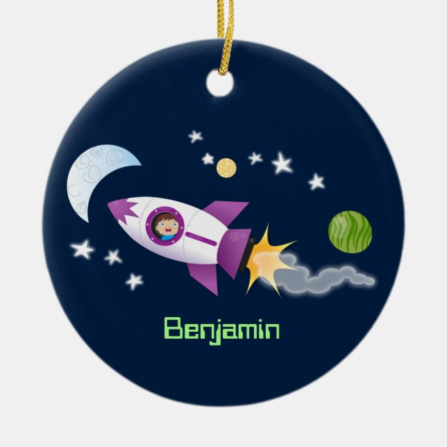 Cute rocket ship in space cartoon illustration ceramic ornament (Front)