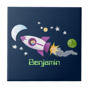 Cute rocket ship in space cartoon illustration ceramic tile