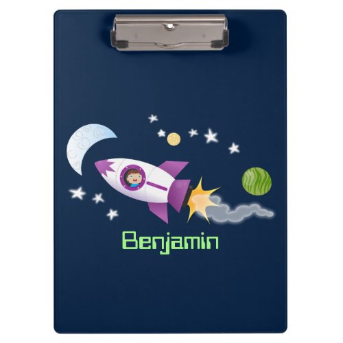 Cute rocket ship in space cartoon illustration clipboard