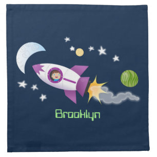 Cute rocket ship in space cartoon illustration cloth napkin