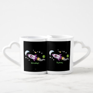 Cute rocket ship in space cartoon illustration coffee mug set