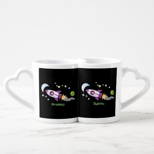Cute rocket ship in space cartoon illustration coffee mug set
