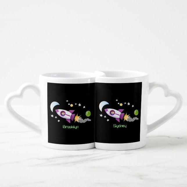 Cute rocket ship in space cartoon illustration coffee mug set (Front Nesting)