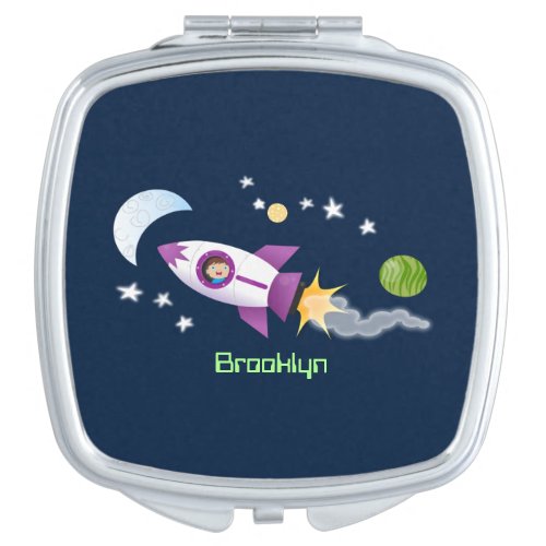 Cute rocket ship in space cartoon illustration compact mirror