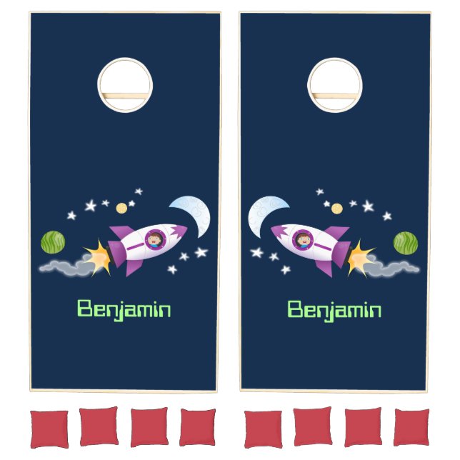 Cute rocket ship in space cartoon illustration cornhole set (Set)