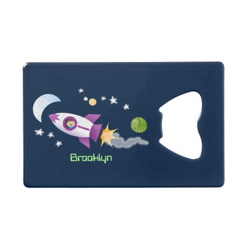 Cute rocket ship in space cartoon illustration credit card bottle opener