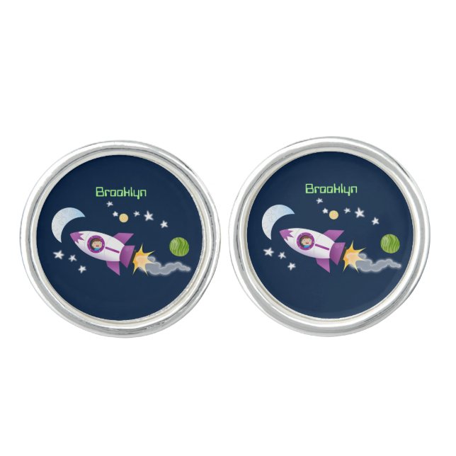 Cute rocket ship in space cartoon illustration cufflinks (Front)