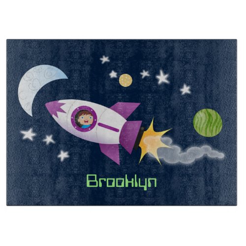 Cute rocket ship in space cartoon illustration cutting board